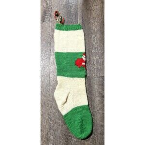 VINTAGE Hand Knit Knitted Christmas Stocking Angora Hair Santa Green White MCM
